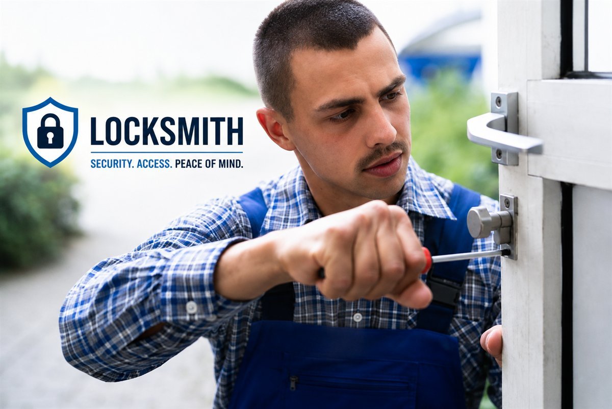 Technician adjusting a door lock strike plate with a screwdriver